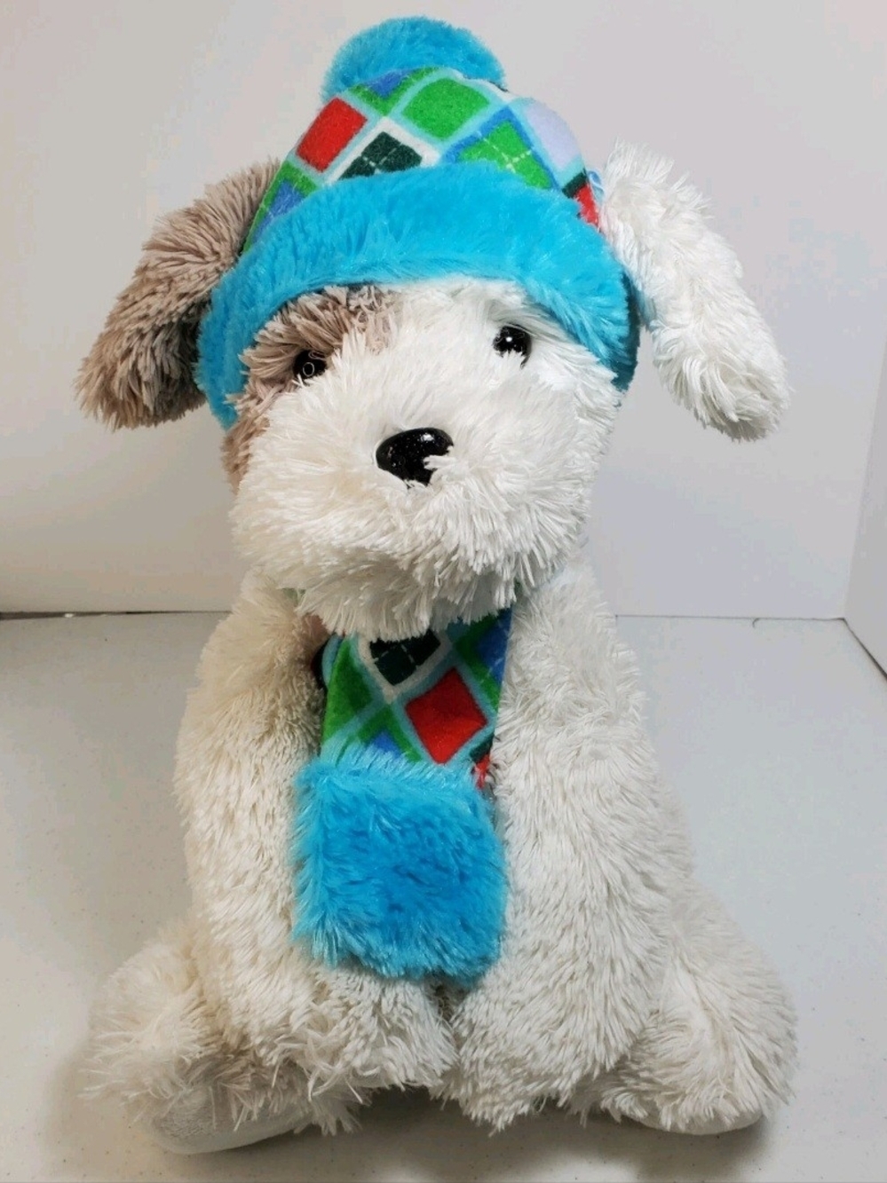 Hugfun International Plush Christmas Dog White Blue Green Scarf Matching Hat 13"